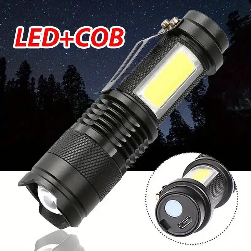 2000 Lumens LED Mini Flashlight Rechargeable Zoom Strong Camping Fishing Outdoor Torch Built In Battery COB Side Lights 3 Modes