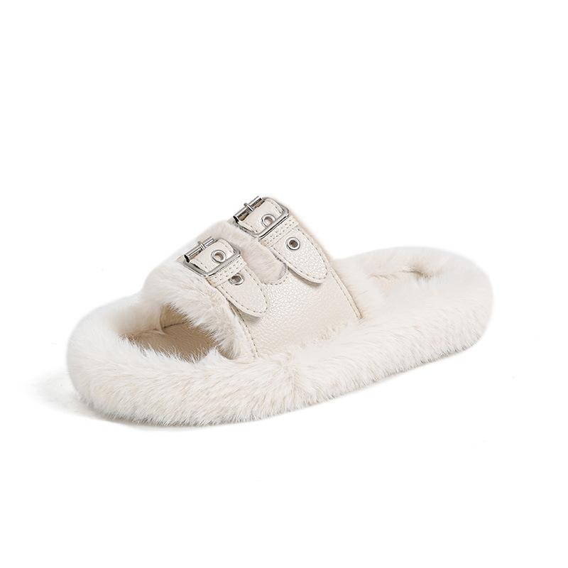 TX-4 Double-breasted Flat Bottom Home Thick Bottom Fluffy Outer Wear Fluffy Slippers Women's Autumn and Winter~