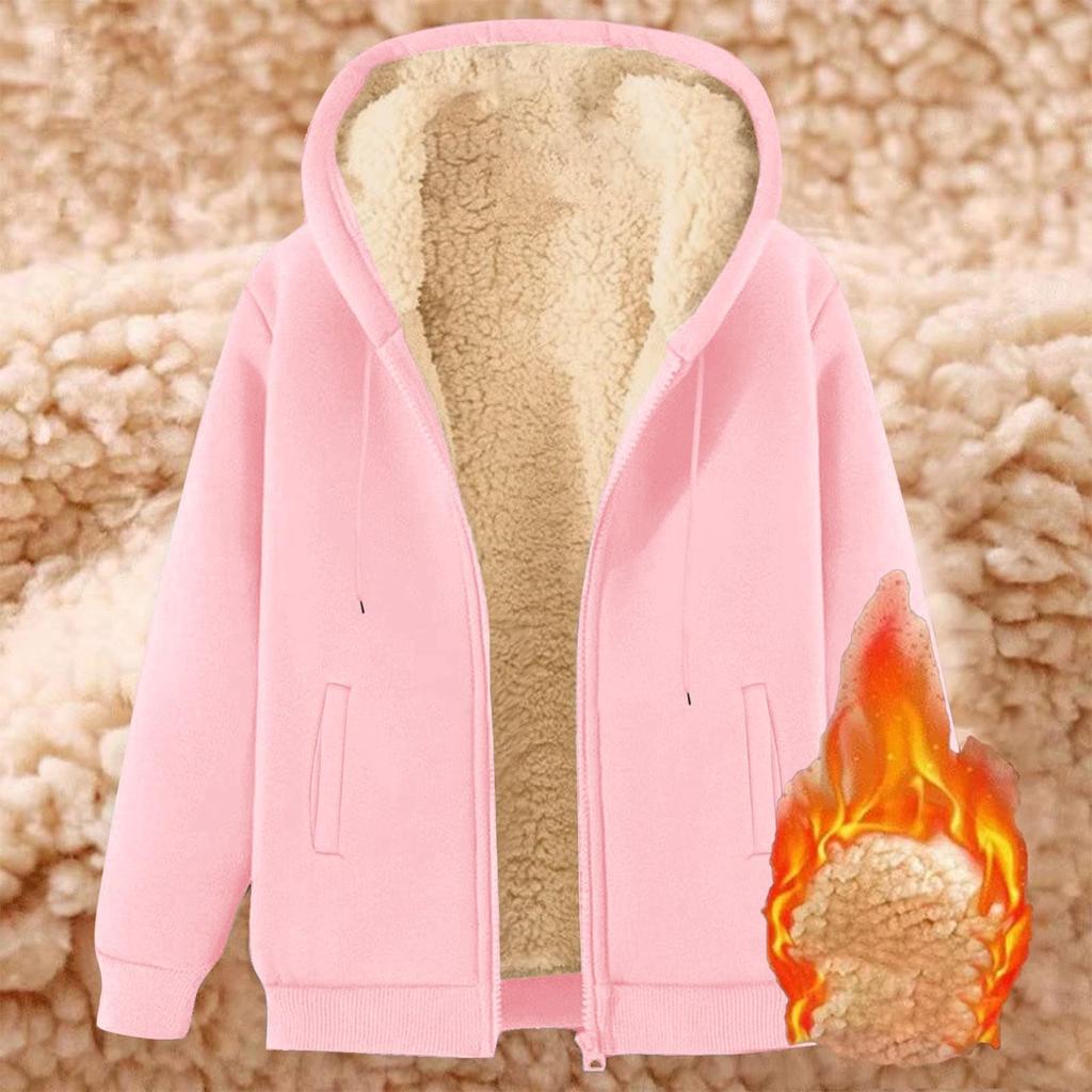 Women's Fashion Fleece-Lined Thermal Top Solid Color Hoodie Jacket With Pockets
