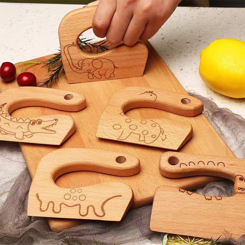 Wooden Kids Knife for Cooking Cute Fish Dinosaur Shape Kitchen Toy Vegetable Fruit Cutter Tool Toys Wood Child