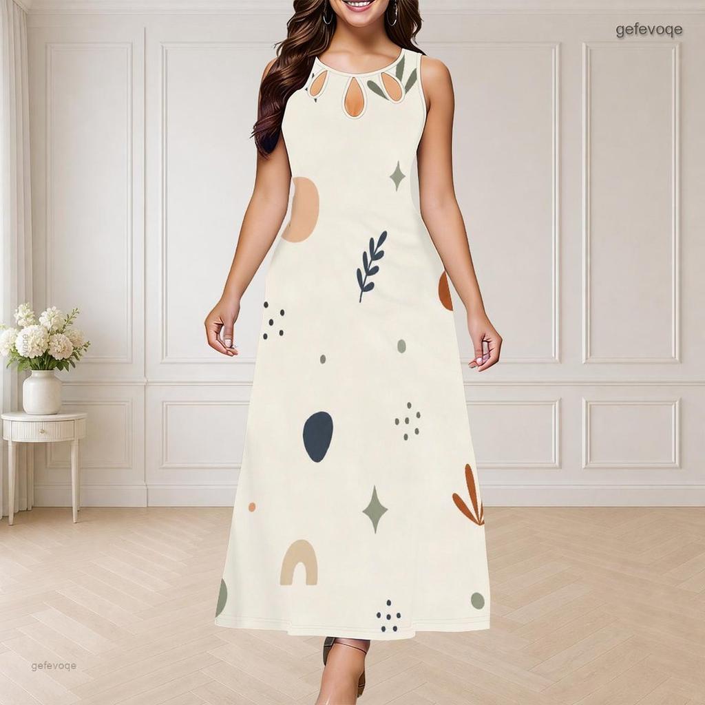 Women Plus Size Round Neck Triple Keyhole Cutout Sleeveless Printed Long Dress