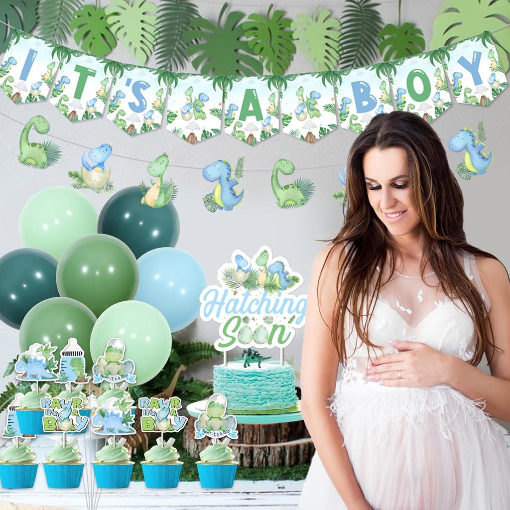 Kreatwow Dinosaur Baby Shower Decorations for Boy - Blue Green Its A Boy Banner, Garland, Hatching Soon Cake Topper, Rawr Decor, Themed Balloons for