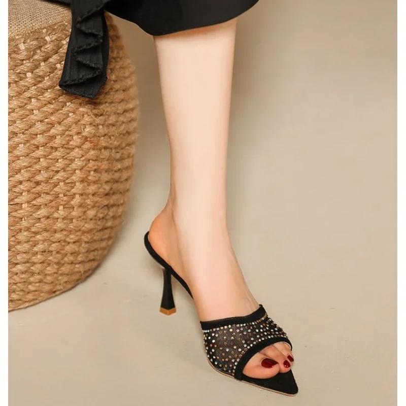 Fashion Women Mesh Sexy High Heels Slippers Women Pointed Toe Dress Shoes Female Summer Fashion Sandals  New Flip Flops Brand Pumps