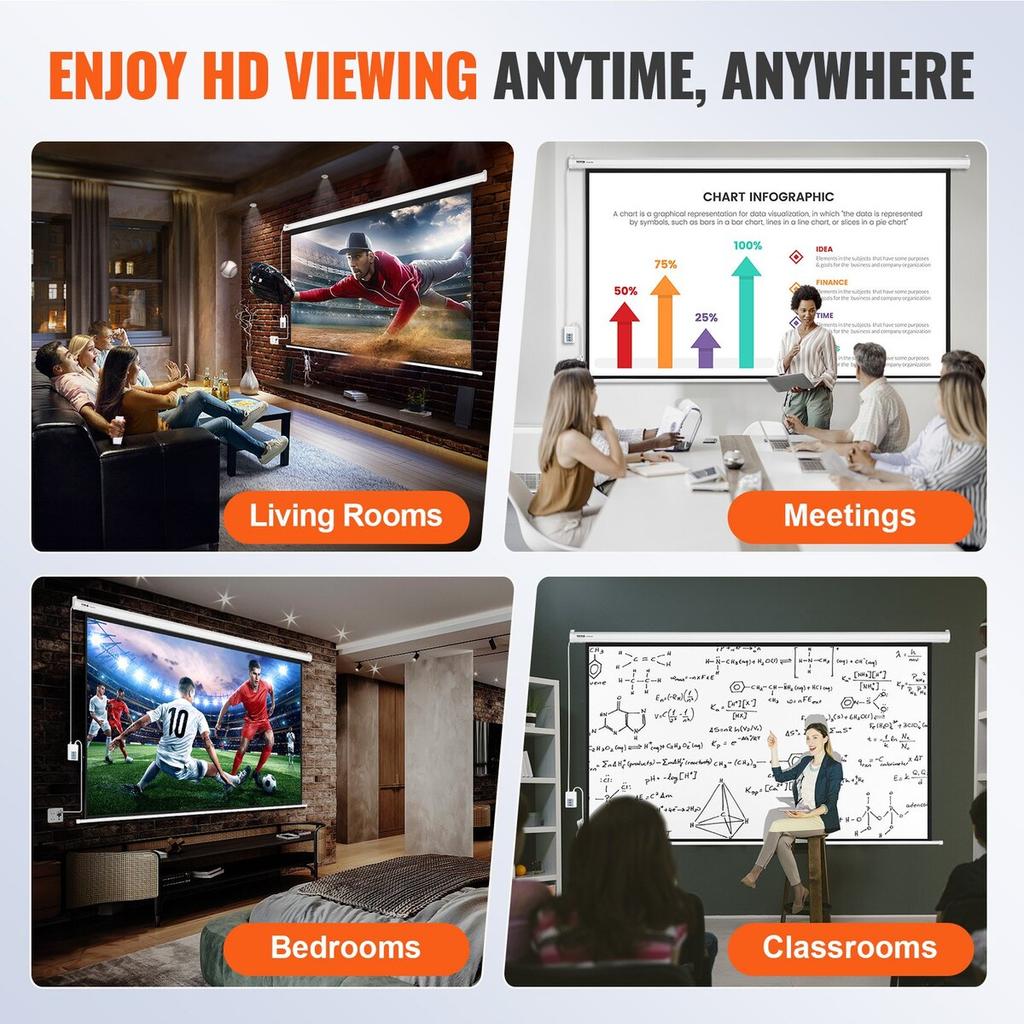 Motorized Projector Screen, 100 inch 16:9 4K 1080 HD Electric Projector Screen, Automatic Projection Screen with Remote Control, Wall Mount Movie