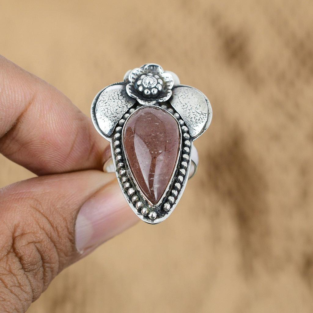 Gift For Her 925 Silver Natural Cherry Quartz Promise Flower Adjustable Ring