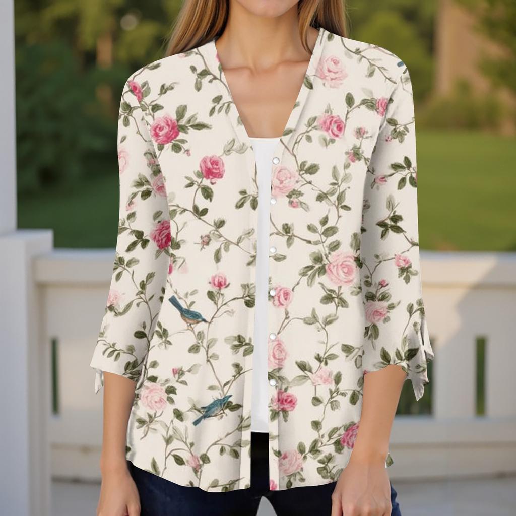 Women's Casual V Neck Loose Fit Blouse Seven Quarter Sleeve Floral Print Button Front Ruffle Sleeve Shirt