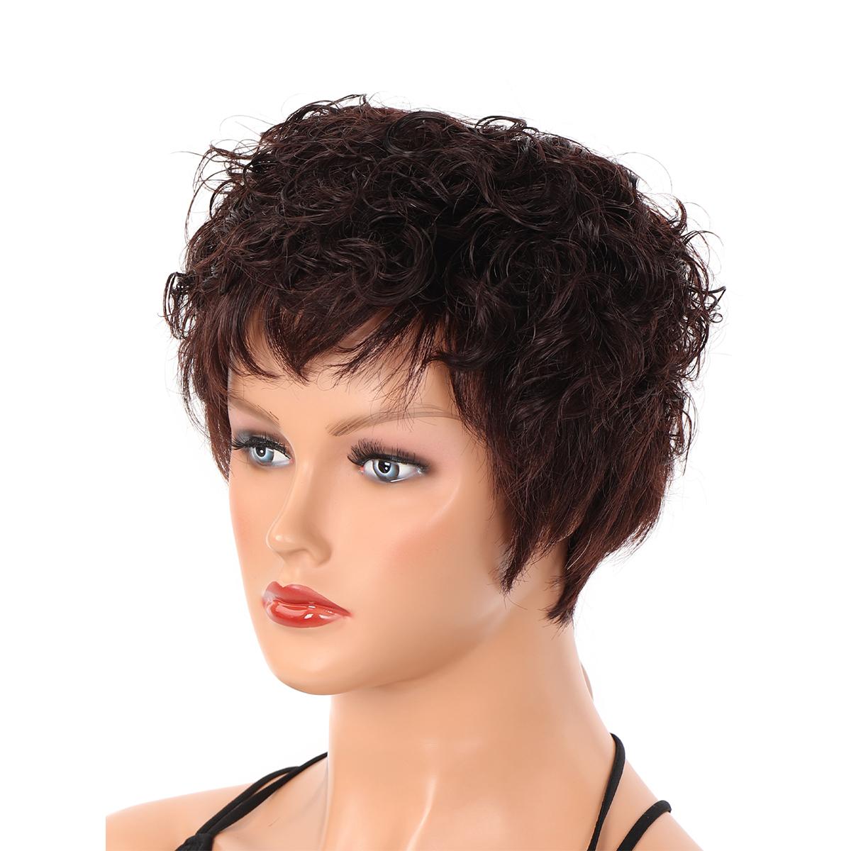 

Женские парики из натуральных волос с челкой, короткие вьющиеся темно-коричневые парики