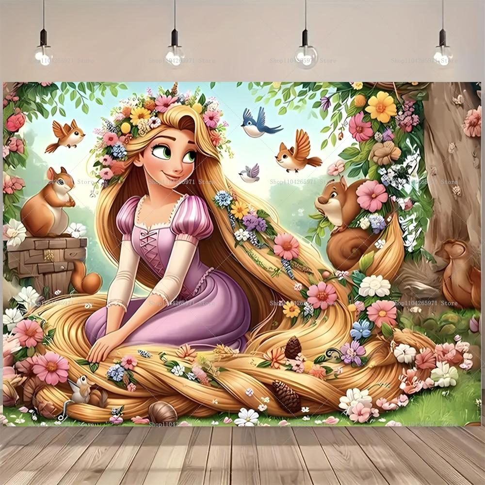 Fundo Desenho Enrolados Rapunzel Cabelo Longo Princesa Meninas Festa de Aniversário Chá de Bebê Fundo para Fotografia