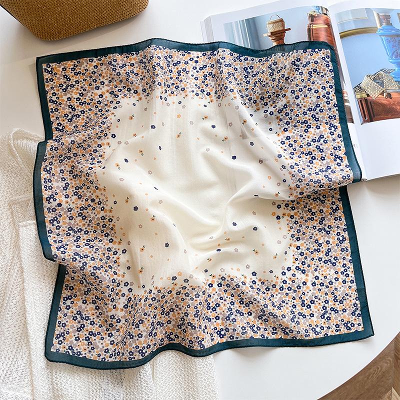 New versatile 53 silk cotton square scarf women s thin floral high-grade silk cotton silk scarf mulberry silk cotton blended scarf 53cm