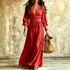 Women's Lace V-Neck Tie Waist Dress with 3/4 Bell Sleeves for Casual and Elegant Vacation