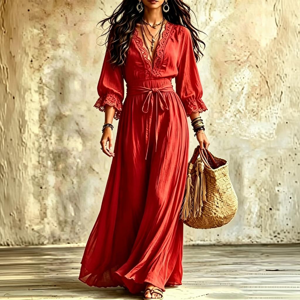 Women's Lace V-Neck Tie Waist Dress with 3/4 Bell Sleeves for Casual and Elegant Vacation
