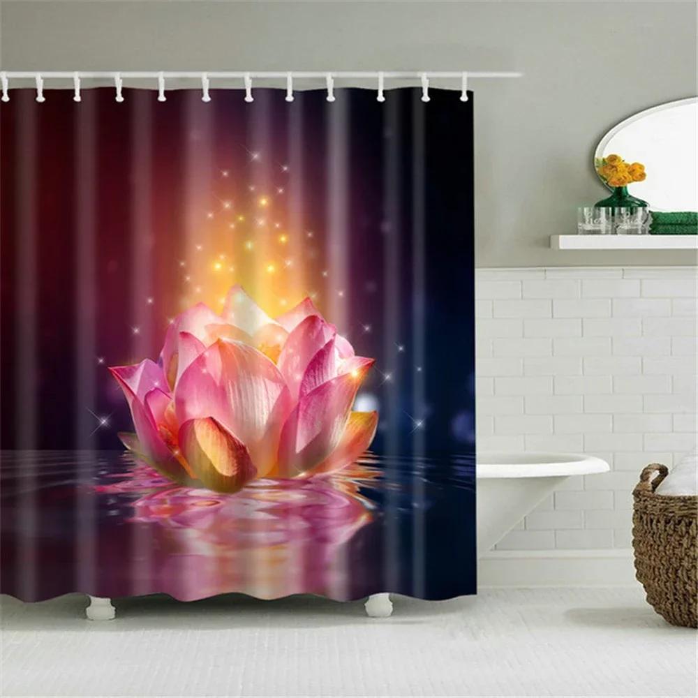 Landscape Flowers Plants Shower Curtains Bamboo Zen Stone Lotus Flower Bath Curtain 3D Printing Waterproof Home Bathroom Decor
