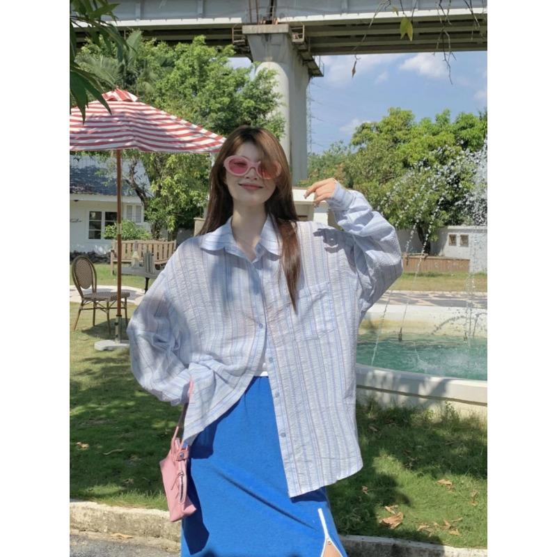 Texture Sense Sun Protection Shirt Long sleeve Stripe Shirts 2024 New Women Summer Thin Small Shirt Outerwear Top