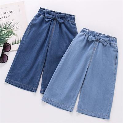 Girls Summer Thin Section Wide-legged Jeans for Small and Medium-sized Children Solid Color Design Bow Loose Nine-minute Pants