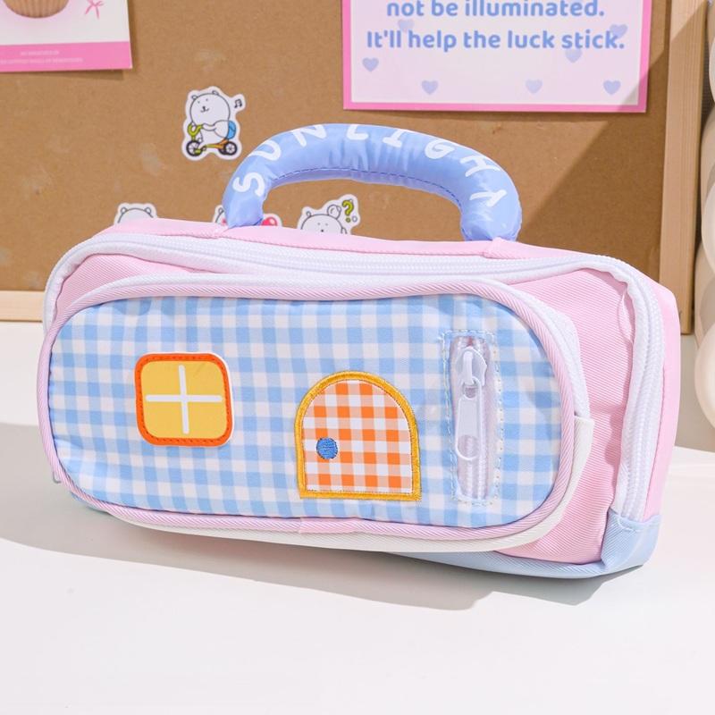 Cute House-themed Handheld Pencil Case, Checkered Print Multi-pocket Stationery Bag