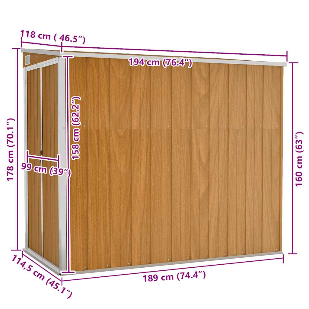 Vidaxl Garden Shed, Wall-Mounted, Brown, 118X194X178 Cm