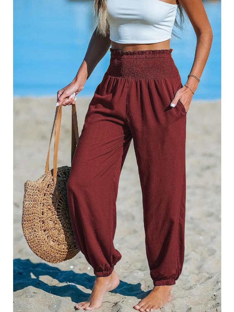 

Women s High Waist Drawstring Jogger Pants with Pockets Casual Loose Fit Trousers XXL малиновий