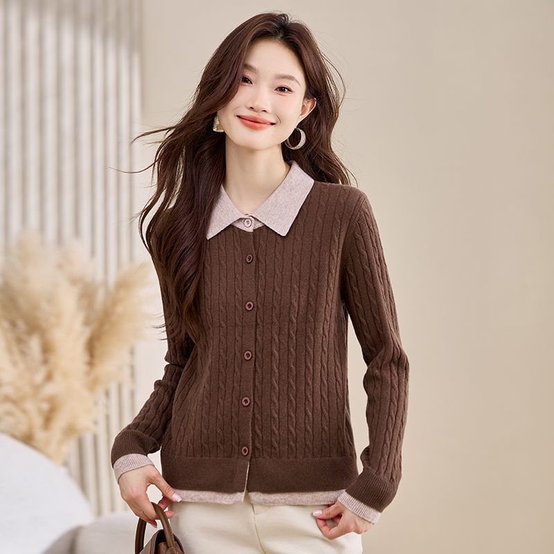POLO Neck Women's Sweater Cardigan Autumn and Winter Fried Dough Twists Loose Knit Coat Lapel Top