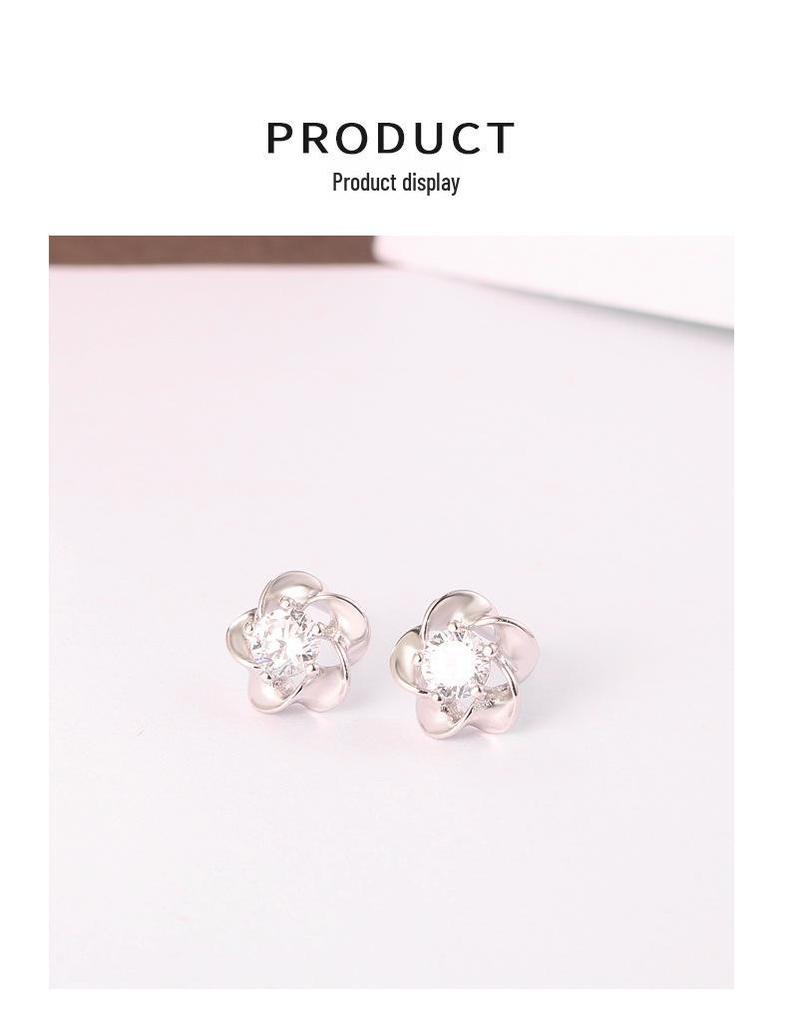 Sterling Silver Plum Blossom Diamond Stud Earrings for Women - Ancient Style, Simple, Versatile, Comfortable for Sleep