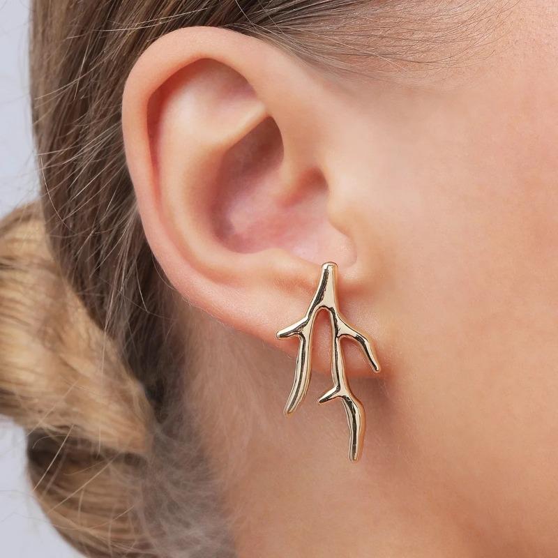 New Trend Gold Color Alloy Coral Left Right Asymmetric Large Earrings For Women Party Accessories