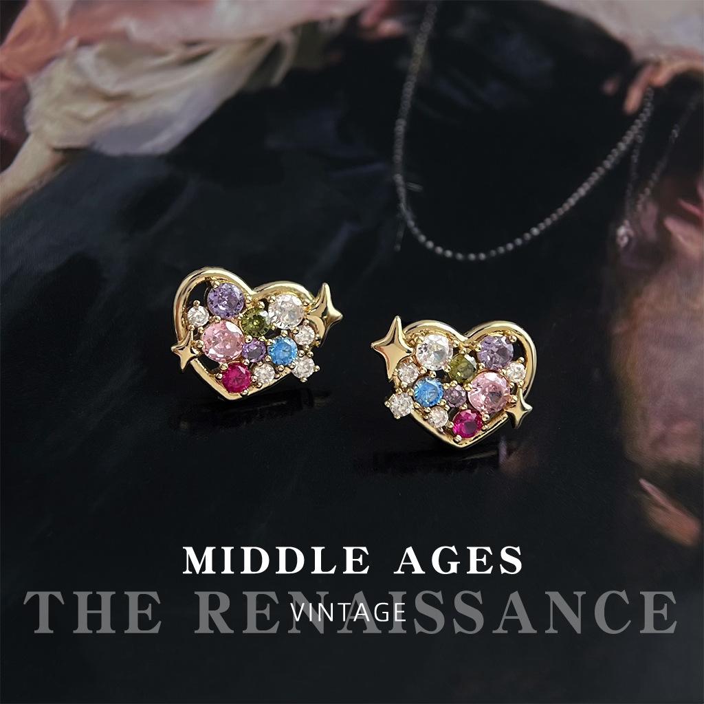 ~ Color zircon love stud earrings French niche commuter earrings women
