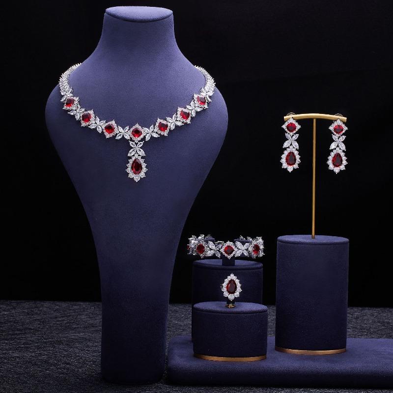 Copper Zircon Necklace Earrings Luxury Sparkle Colored Gemstones Bridal Wedding Dress Party Accessories Bracelet