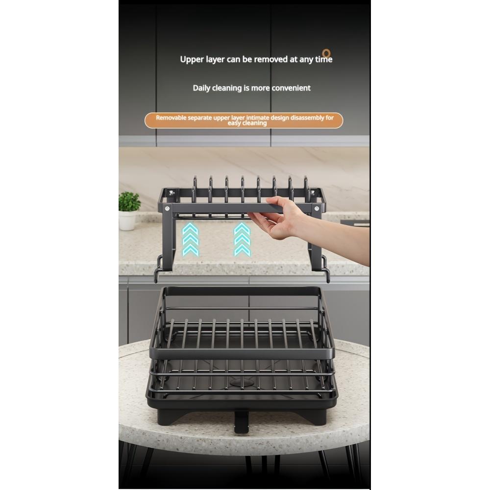 Moderní dvoupatrový kovový odkapávač na nádobí, organizér na kuchyňské desce s odkapávací deskou
