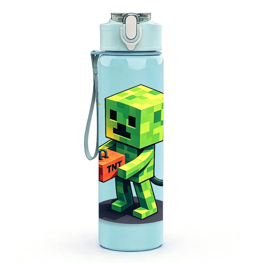 1PC Green Creeper Block Game Character Print 750ml Color Plastic Sports Water Bottle Leakproof Flip Straw Lid Suitable for Sports Office Home Use