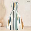 Women Plus Size Two Piece Outfit Round Neck Sleeveless Tie Waist Flared Dress Three Quarter Sleeve Open Cardigan Geometric Printed Pink Black White