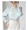 [SYitong] Women's Shirt Blouse, Stand Collar, Long Sleeves, Front Tuck, Stylish, Washable, Pearl, Elegant White Blouse, Relaxed Fit, Figure-Flattering