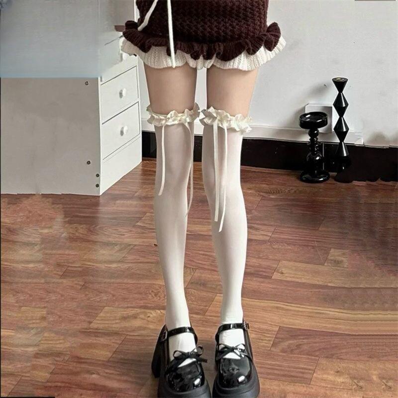 Ballet-Style Bow Over-The-Knee Socks Lace Socks Jk Style Openwork Socks