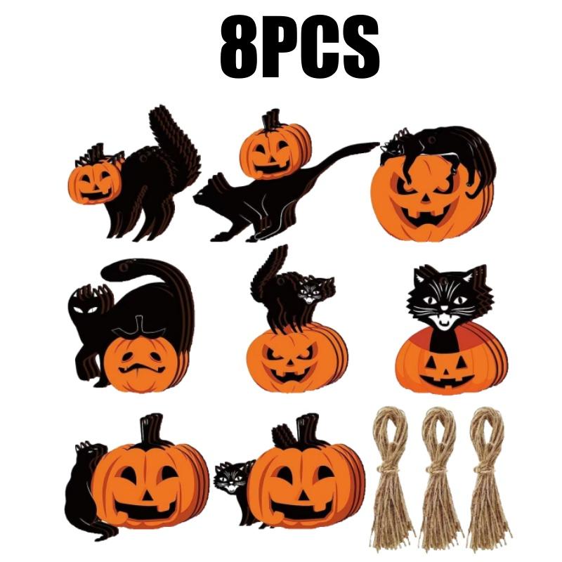 Wooden Halloween Decorations Hanging Pumpkin Black Cat Ornaments Set for Wall Party Decor Spooky Festival Home Accessories