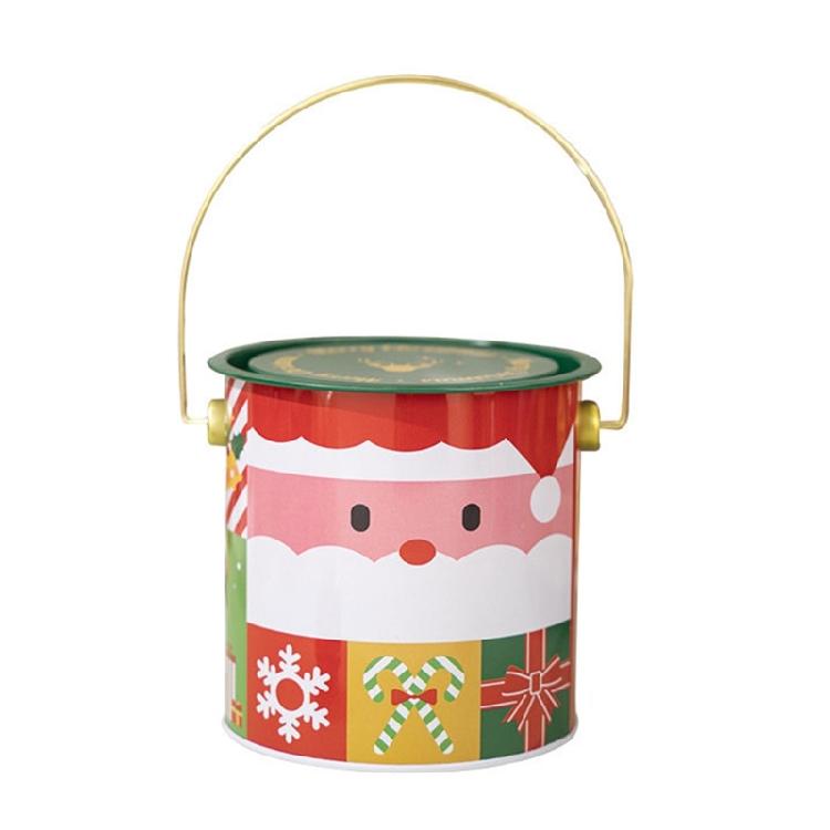 2pcs Decorative Christmas Candy Boxes Handheld Round Bucket Portable Sweets Tins with Handle for Family Gathering