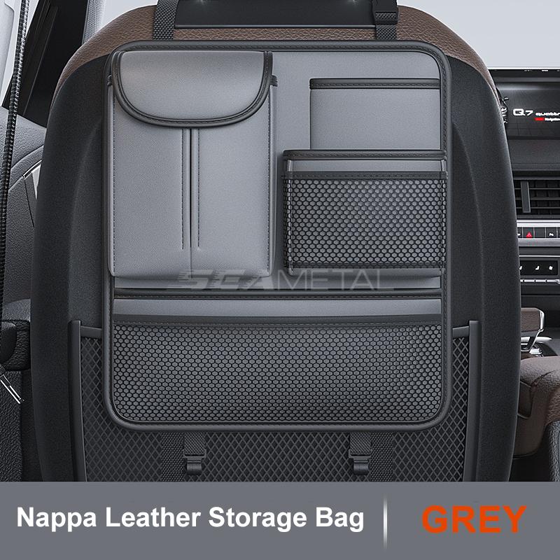 Seametal Car Seat Back Organizer Rear Row Storage Bag With Elastic Band Nappa Leather Multi Pocket Anti Kick Pad Seat Protector