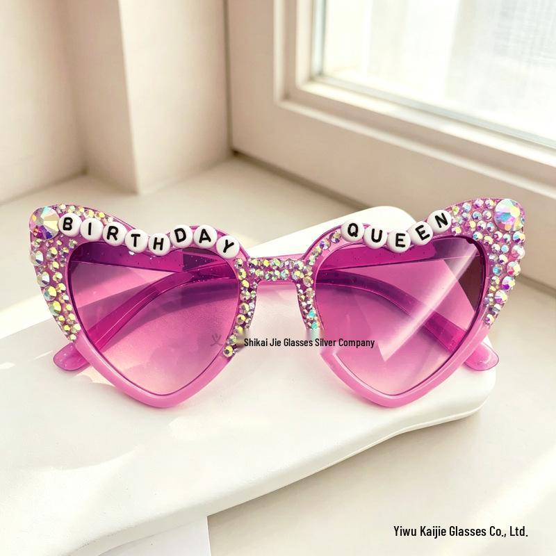 Pink Heart Pearl Sunglasses with English Letter Design for Girls' Birthday Parties