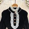 Herbst Winter Vintage Gericht Stil Hepburn Stehkragen Holzbesatz Spleißen Samt Kleid Frauen Weihnachten Rüschen Mini schwarze Kleider