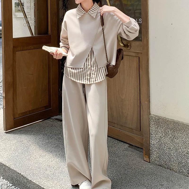Women Suits Sets Cotton Large Size Vest Shirt Wide-Leg Pants Thickened  Longs Pants Three-piece Oversize 3PC Suit