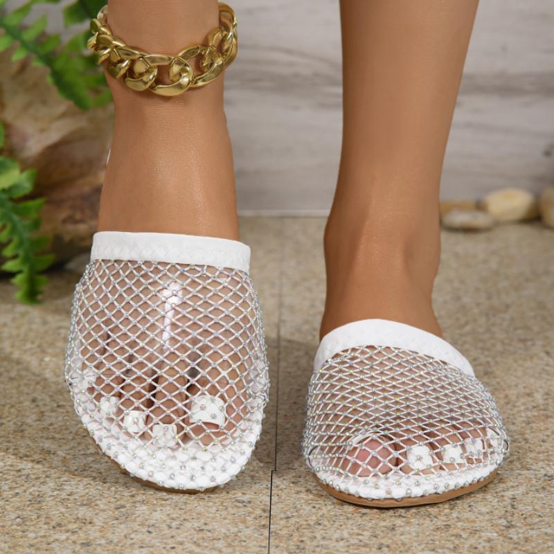 Women Slippers Summer New Round Head Slippers Water Diamond Flat Home Beach Sandals