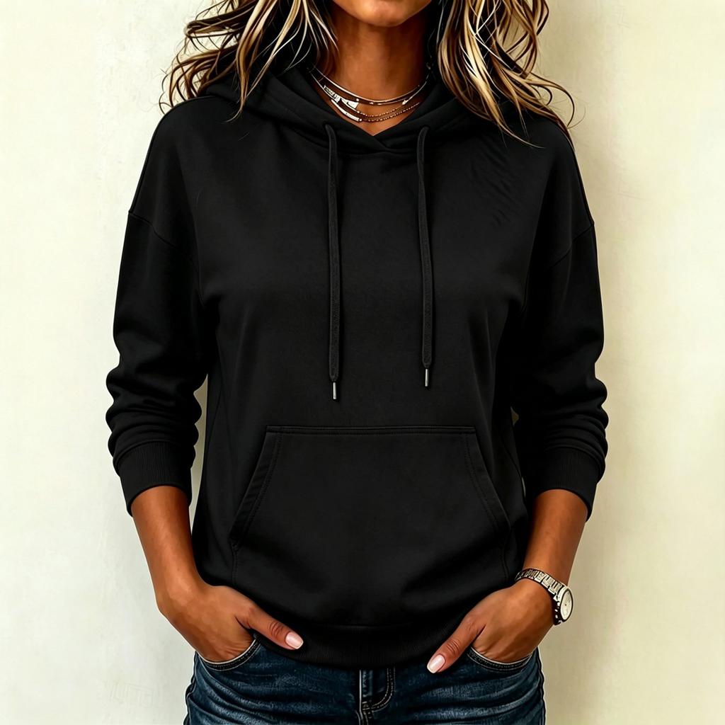 Women's Fashion Long Sleeve Hoodie Pullover Sweatshirt Solid Color Pocket Casual Pullover Sweatshirt with Drawstring Hood and Front Pocket