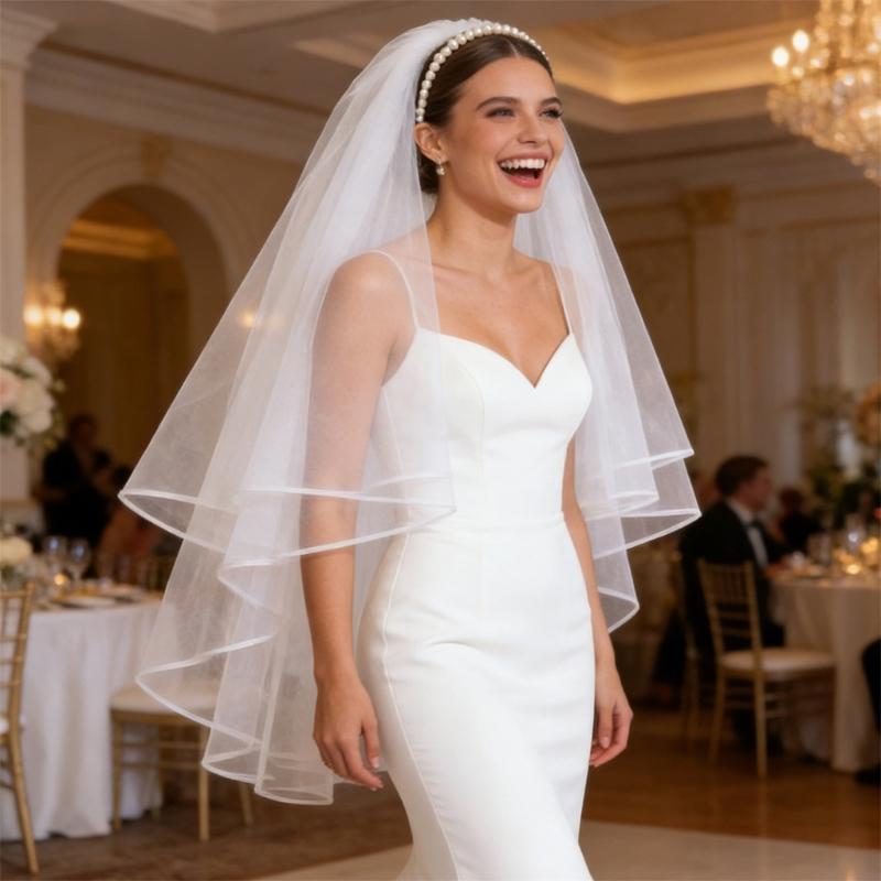 Delicate White Pearls Embellished Hairband Headdress Combined Veil For Bride Formal Event And Everyday Wear