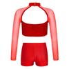 Girls Shiny Sequins Crop Top Sheer Mesh Mock Neck Long Sleeve Cutout V Waistband Shorts Dance Outfit
