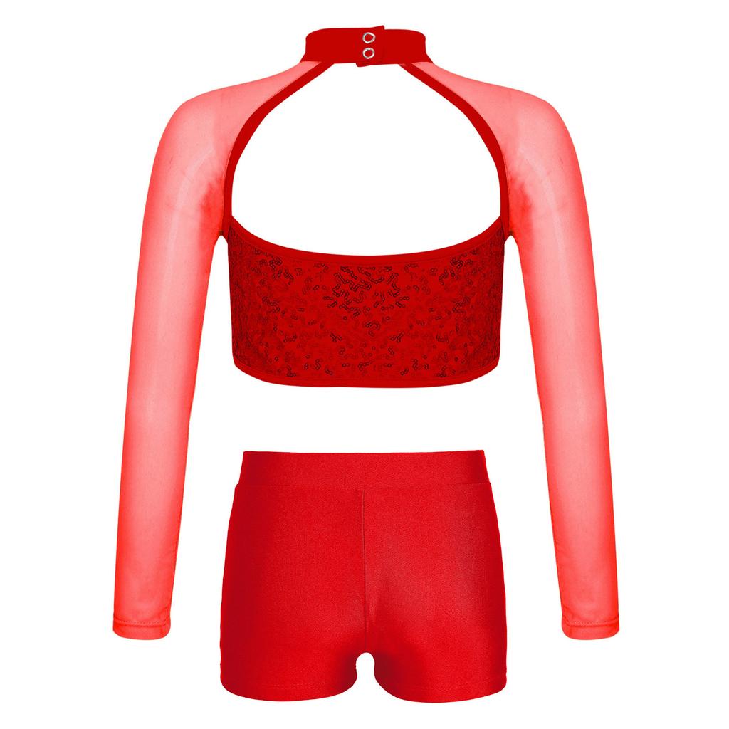 Girls Shiny Sequins Crop Top Sheer Mesh Mock Neck Long Sleeve Cutout V Waistband Shorts Dance Outfit