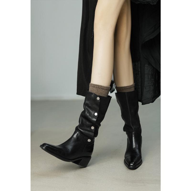 British style high-end sense niche lapel two wear western cowboy boots women's autumn and winter thick heel medium boots knight boots