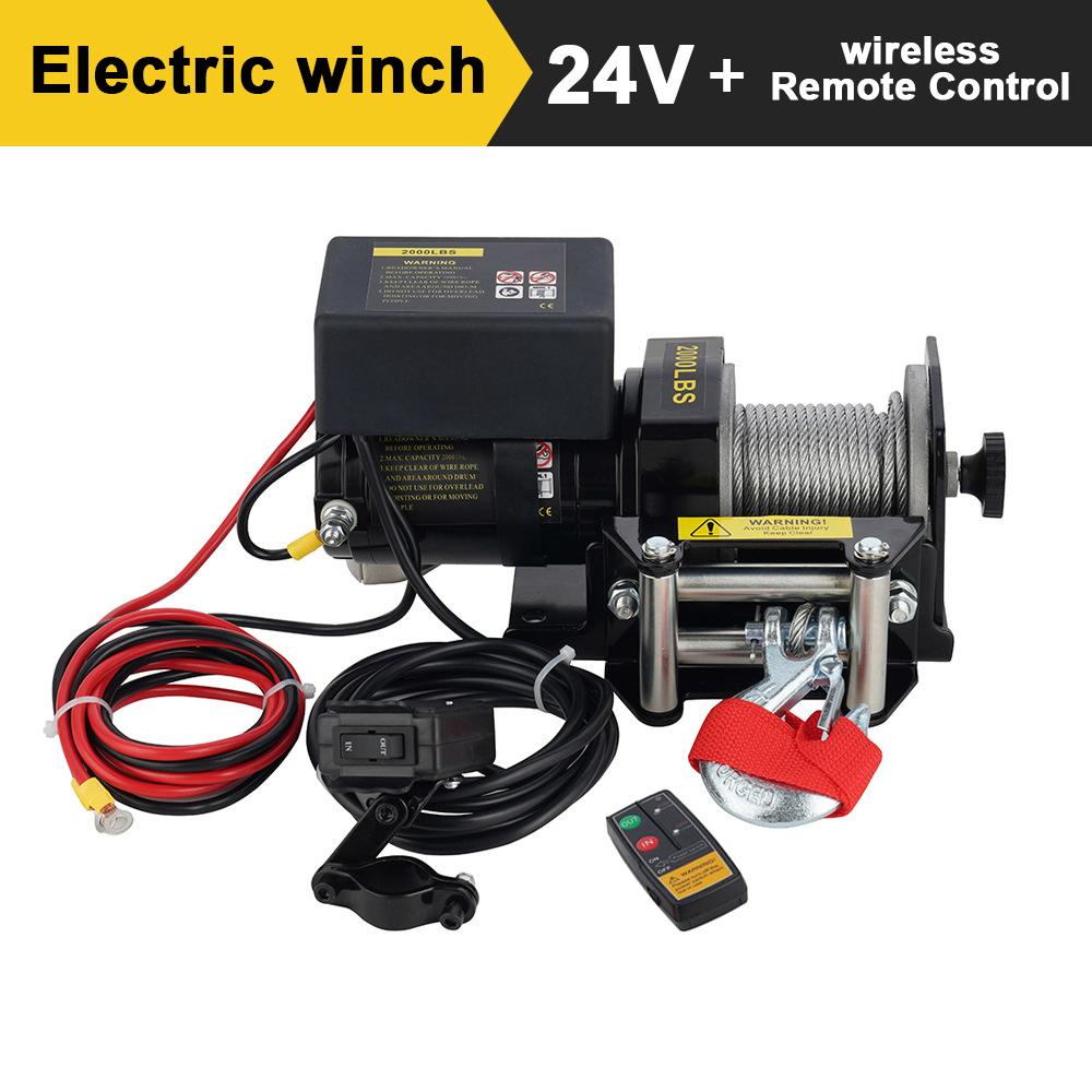 

12V/24V 2000lb Mini Electric Winch Beach Buggy Winch DC Winch Portable Wire Rope Winch with Wireless Remote Control 2000Pounds