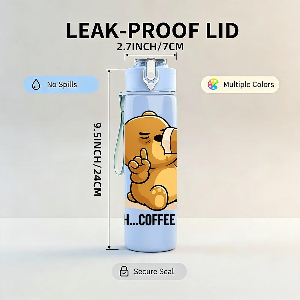 1PC Teddy Bear Coffee First Slogan Print 750ml Color Plastic Sports Water Bottle Leakproof Flip Straw Lid Suitable for Sports Office Home Use