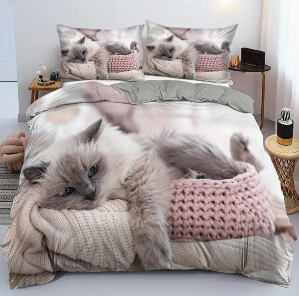 Bedding Three-Piece Set 3D Digital Printing Animal Cat And Dog Bed Sheet Quilt Cover
