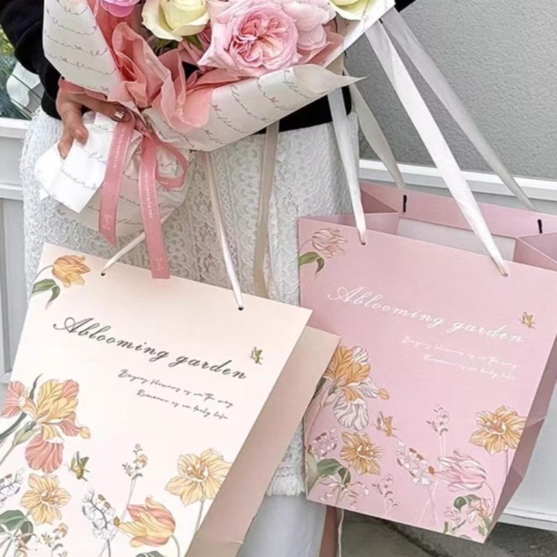 Flower Cake Dessert Packaging Box Portable Flower Gift Bag Kraft Paper Holder Photo Favor Drink Carrier With Handle
