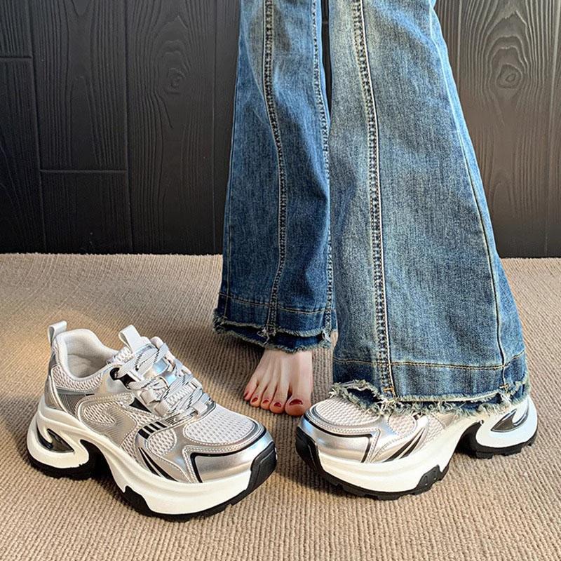 Super Chaudes Chaussures de Papa Argentées pour Femmes, Nouvel Article Printemps/Été 2025, Polyvalentes, Petite Hauteur, Semelle Épaisse, Chaussures de Sport Respirantes