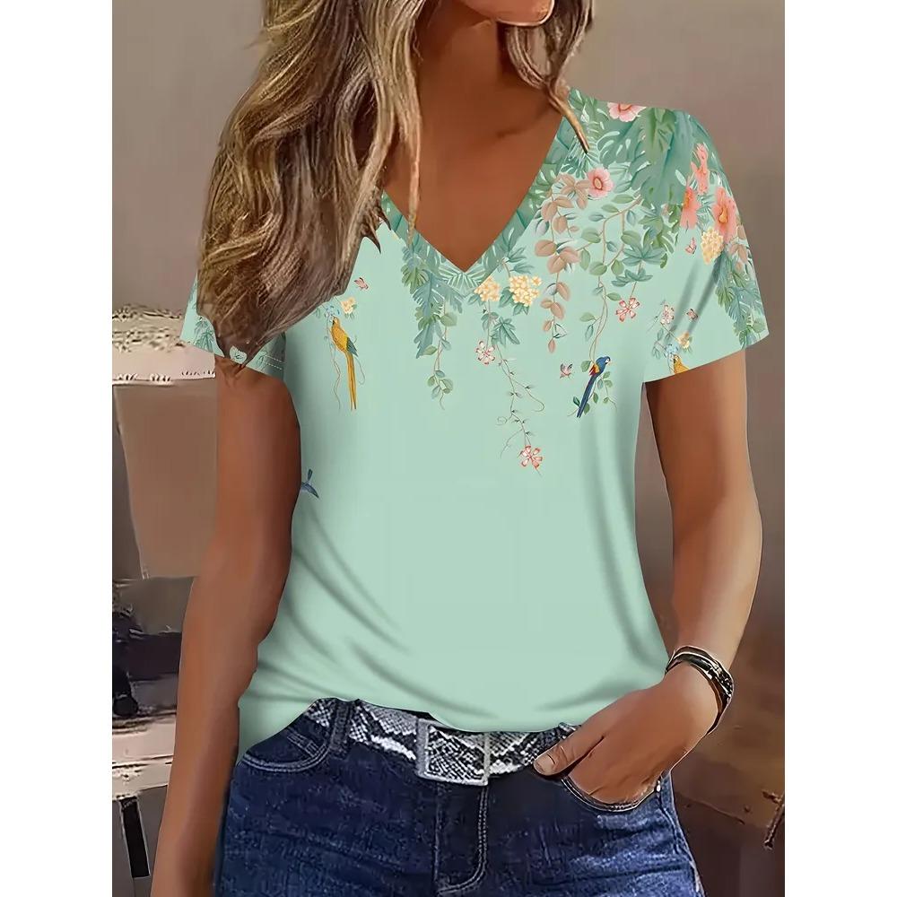 Creative Colorful Stripe Pattern Summer Soft Fashionable Comfortable Women's T-Shirts Casual Breathable Loose V-Neck Short-Sleeve T-Shirt