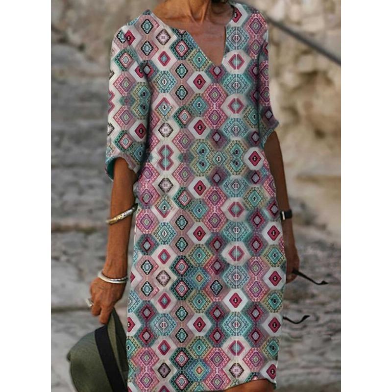 QICED Abiti Estivi Stampati Larghi in Fibra di Bambù Lino Floreale Manica Corta Donna Vintage Letterario Scollo O Manica a Cinque Punti